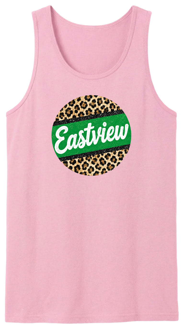 A pink tank top with a circular design featuring a leopard print pattern and the word "Eastview" written in white text.