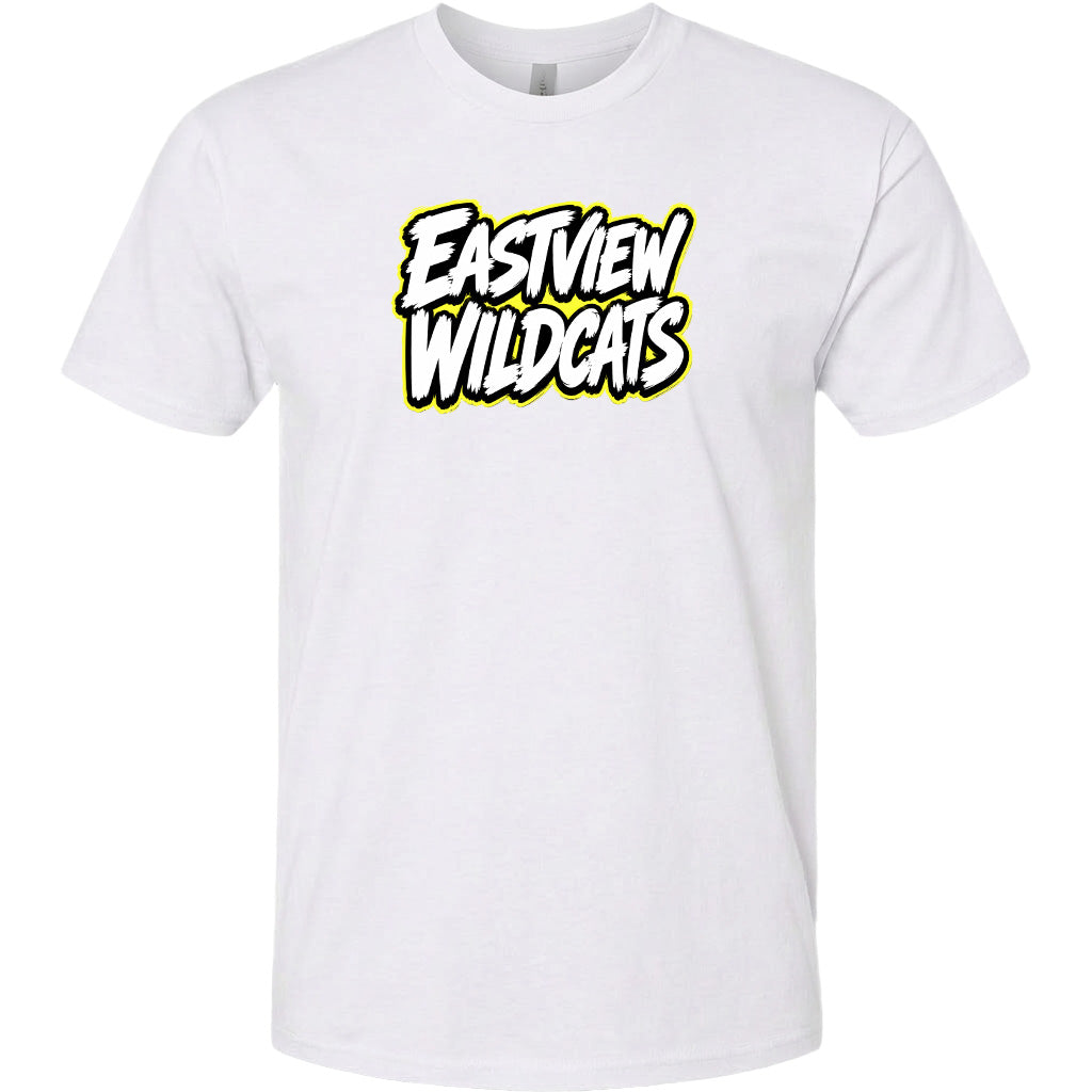 A white t-shirt with the text "EASTVIEW WILDCATS" printed on it in a stylized font.
