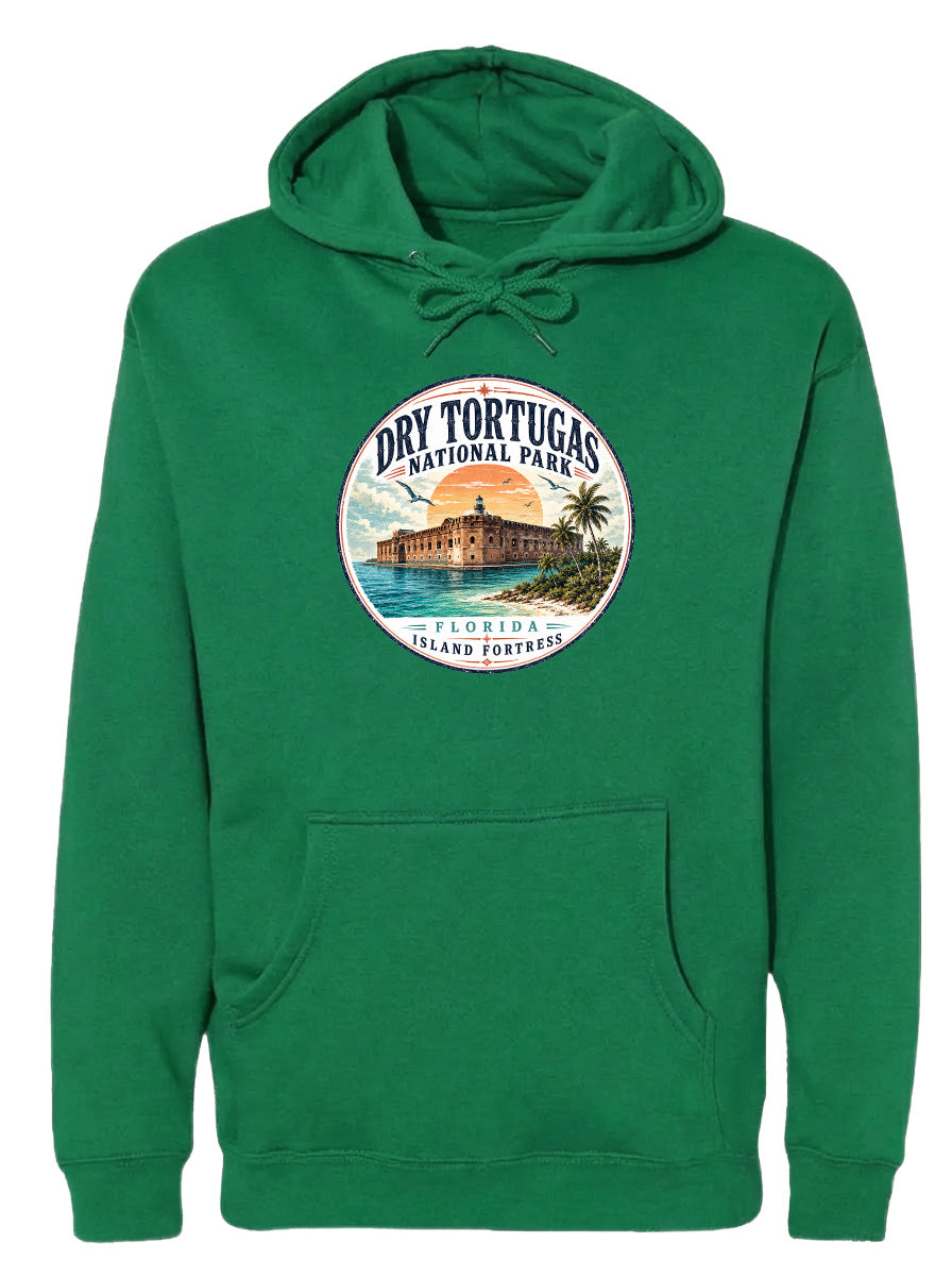 A green hoodie with a circular logo featuring a tropical island and a building.