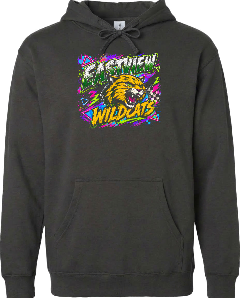A black hoodie with a graphic design featuring a fierce-looking tiger or lion with a colorful, abstract background.