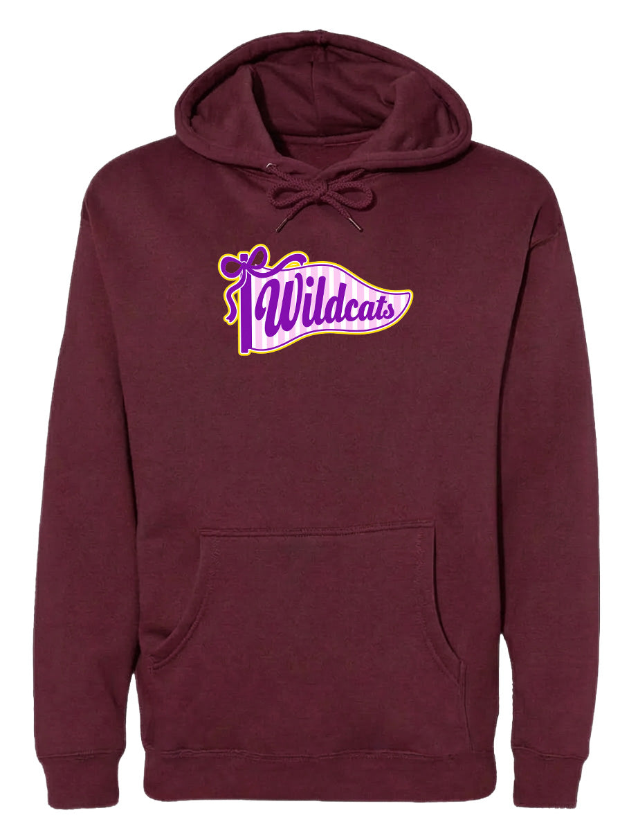A burgundy hoodie with a graphic design featuring the text "Wildcats" in purple and yellow colors.
