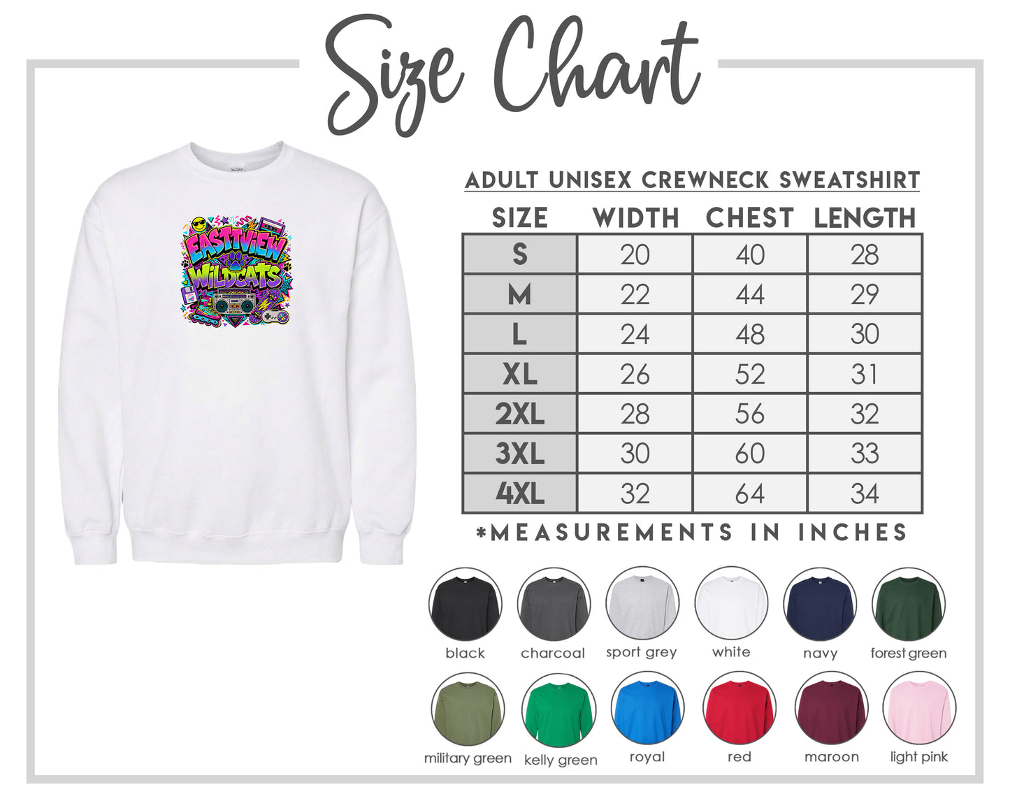 The image is a size chart for an adult unisex crewneck sweatshirt, showing the measurements for different chest and waist sizes.