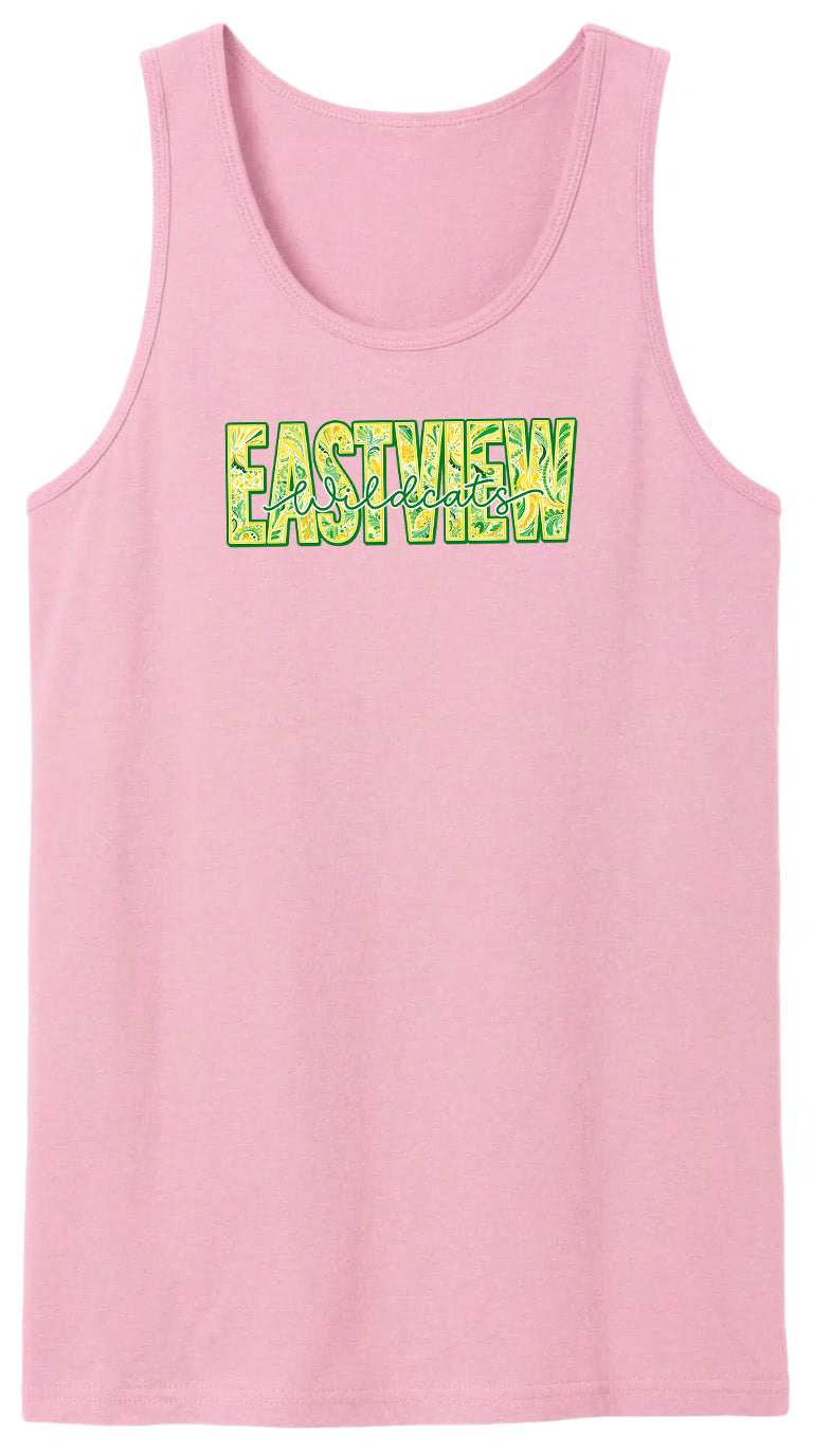 A pink tank top with the word "EASTVIEW" printed on it in a stylized font.