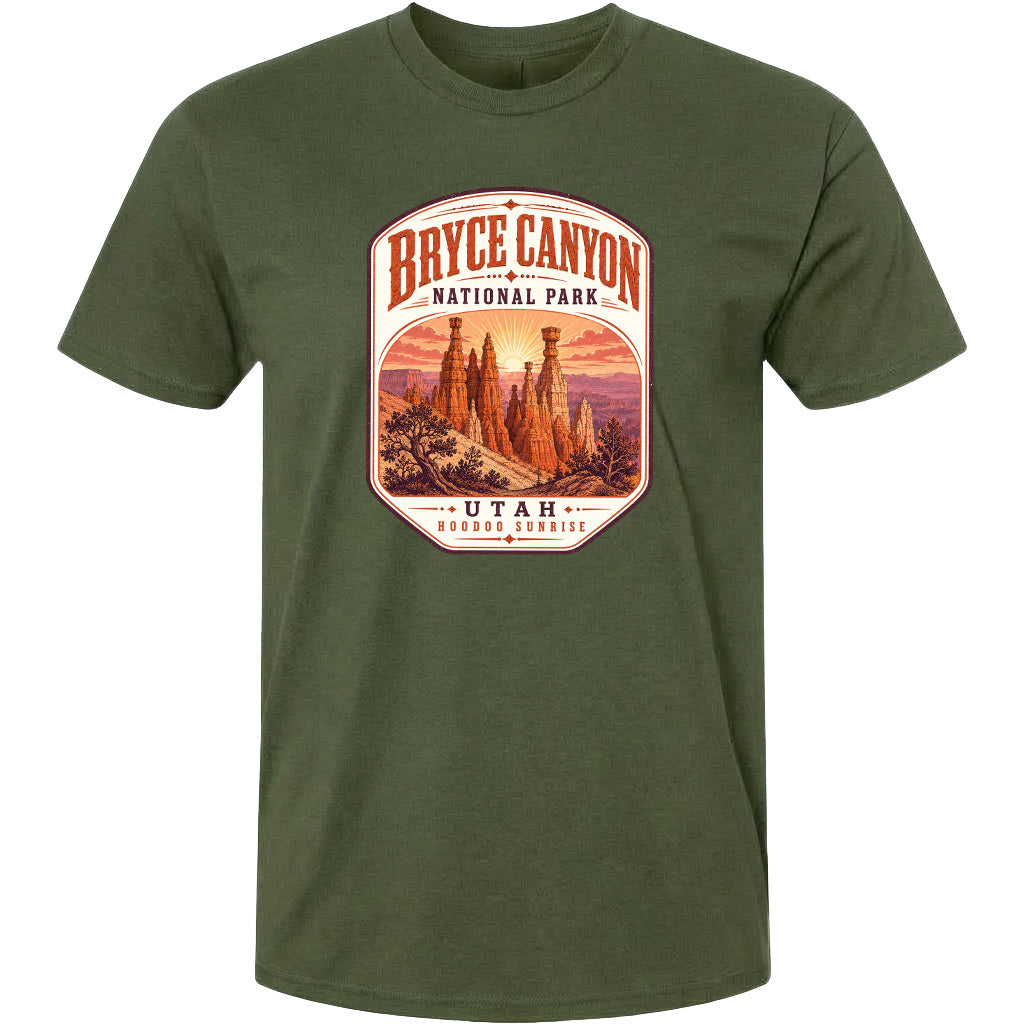 A green t-shirt with a graphic design depicting the Bryce Canyon National Park in Utah.