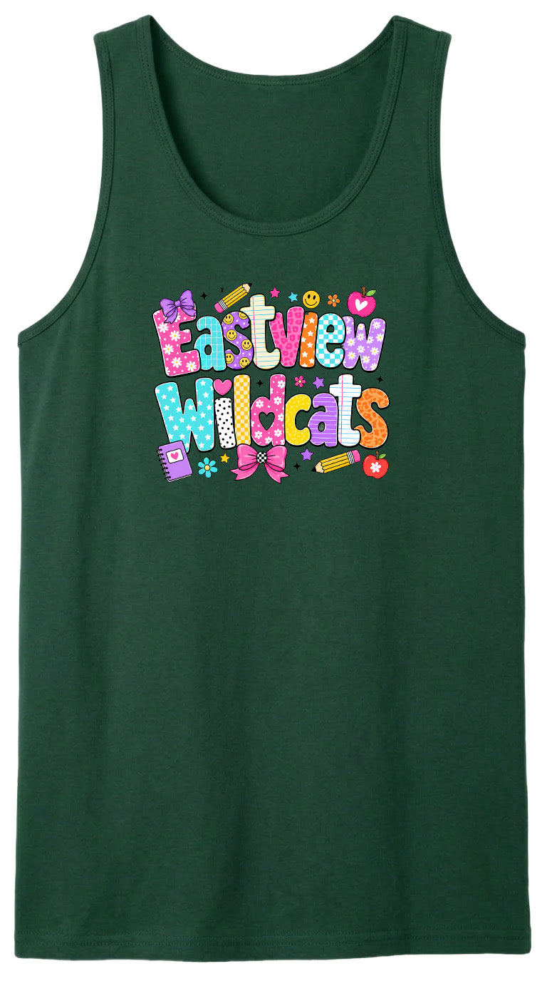 A green tank top with a colorful graphic design featuring the text "Eastview Wildcats" in a playful, cartoon-like font.