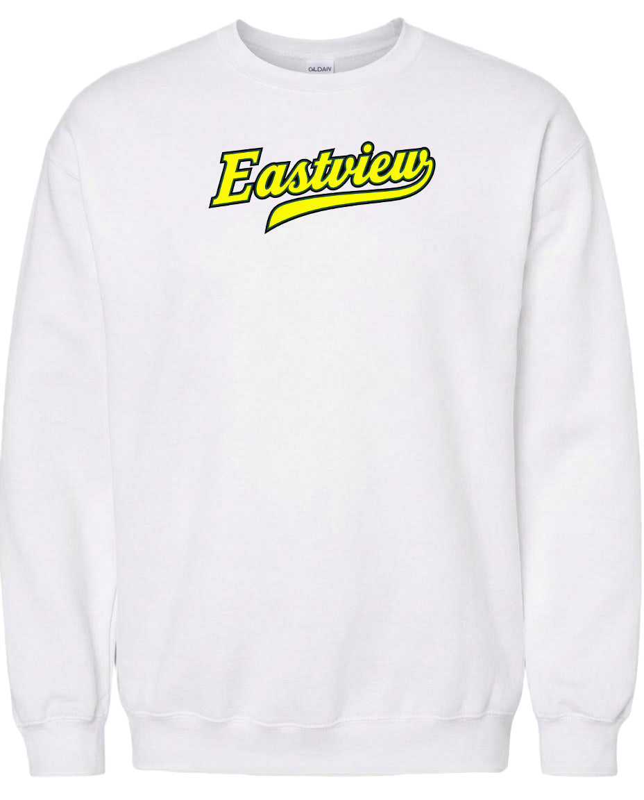 A white sweatshirt with the word "Eastview" printed in yellow on the front.