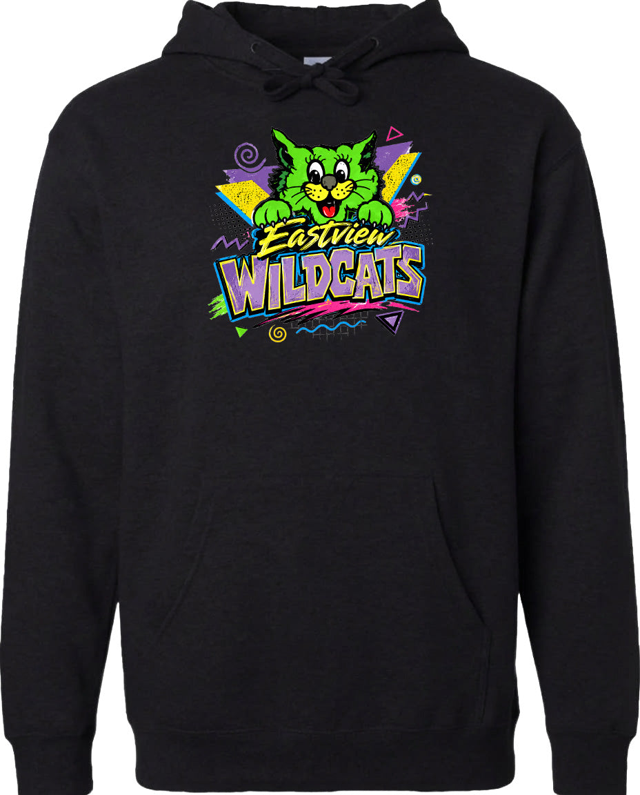 A black hoodie with a colorful graphic design featuring a cartoon cat and the text "Eastview Wildcats".