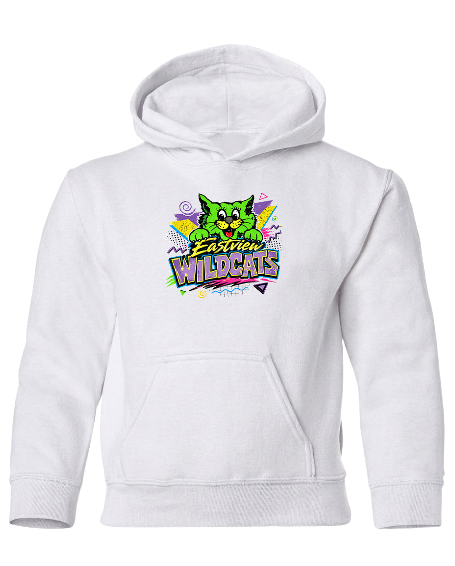 A white hoodie with a colorful graphic design featuring a cartoon cat and the text "Eastview Wildcats".