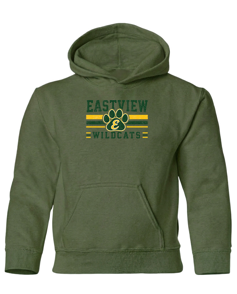 A green hoodie with a graphic design featuring a paw print and the text "EASTVIEW WILDCATS".