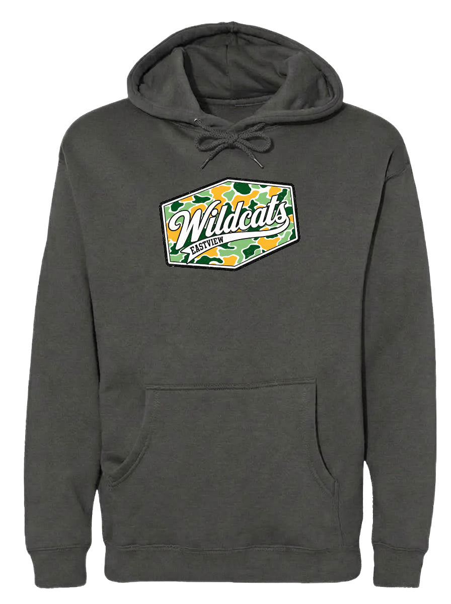 A gray hoodie with a graphic design on the front.