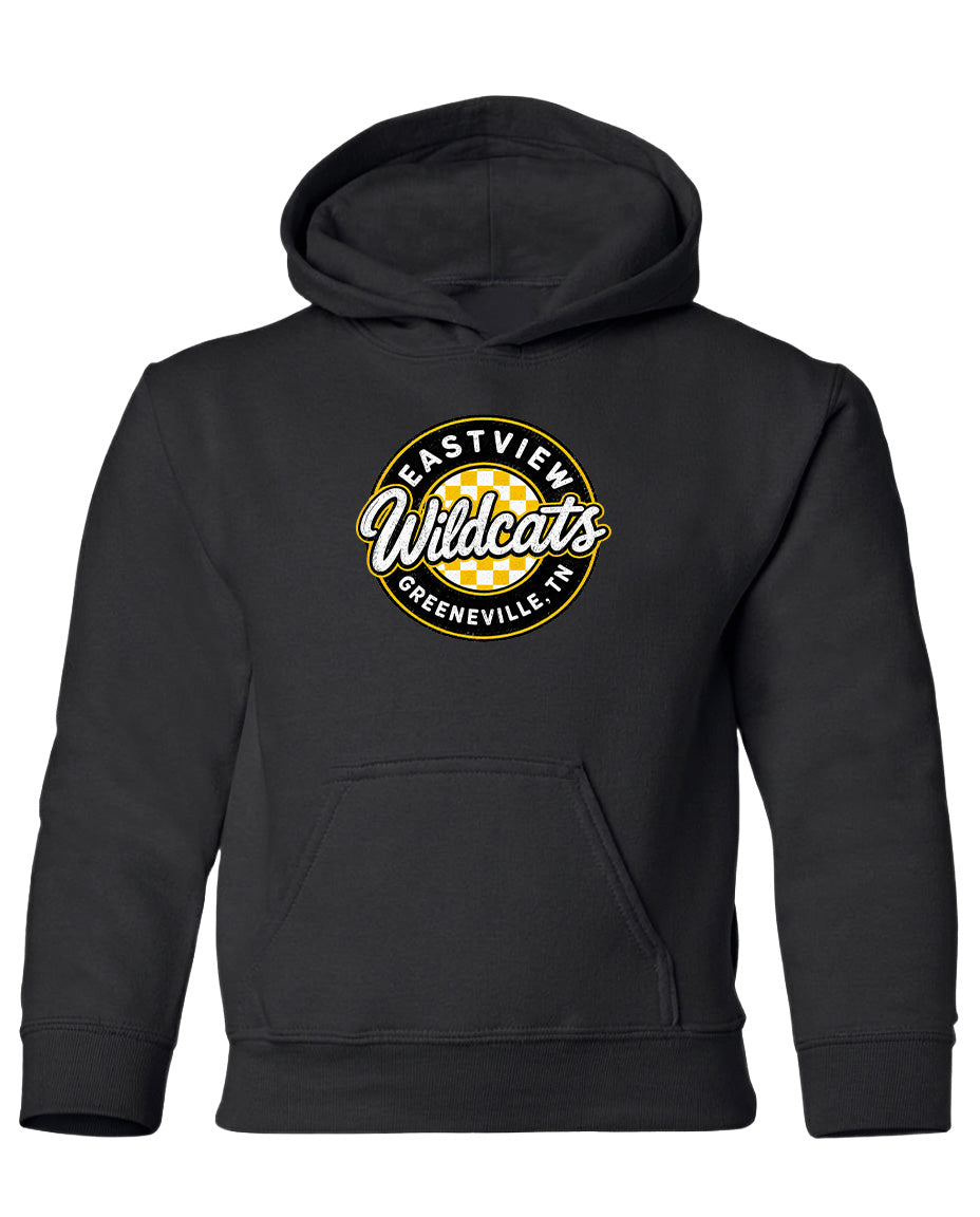 A black hooded sweatshirt with a logo on the front.