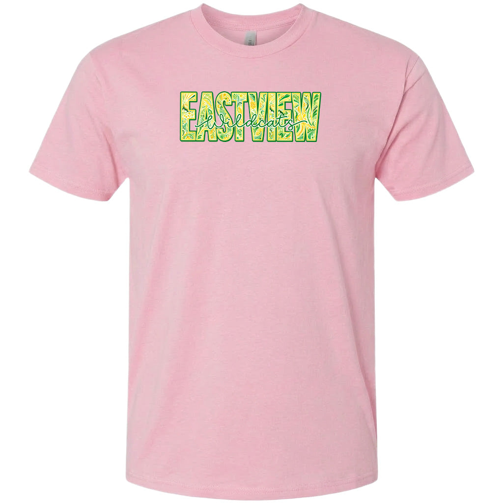 A pink t-shirt with a graphic design featuring the word "EASTVIEW" in a stylized font.