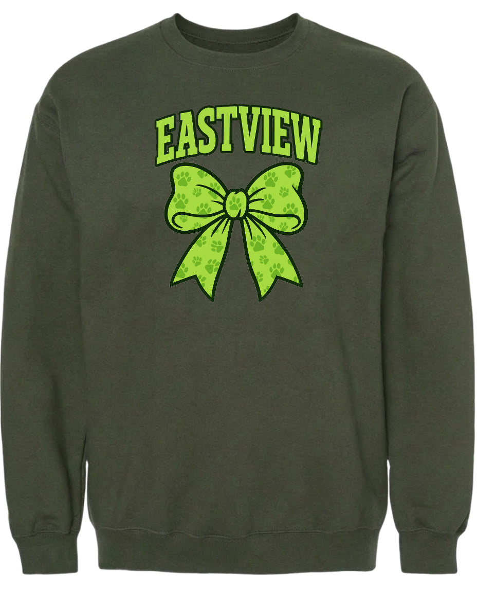 A dark green sweatshirt with a large green bow and paw prints on it.