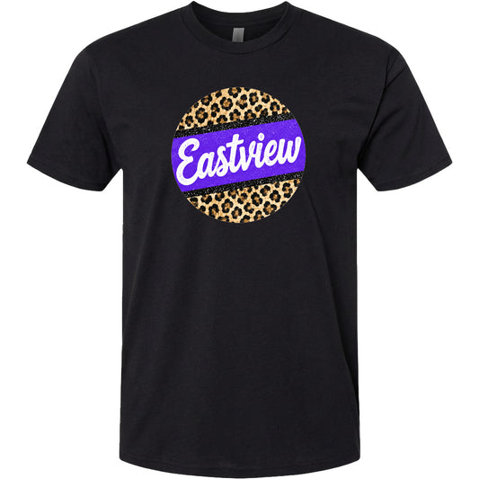 A black t-shirt with a circular graphic design featuring a leopard print pattern and the word "Eastview" written in white cursive text.