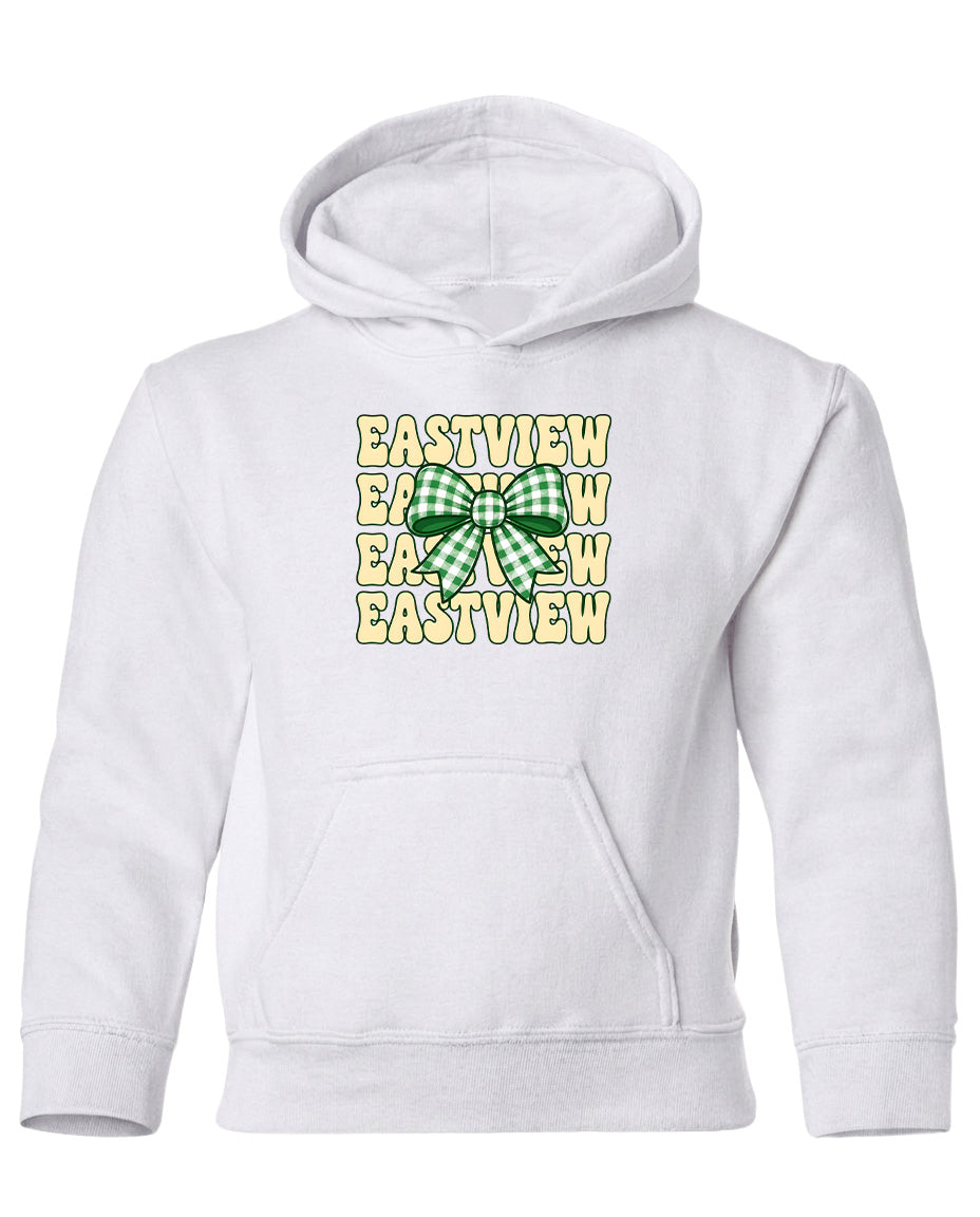 A white hoodie with a graphic design featuring a green and white checkered bow on the front.