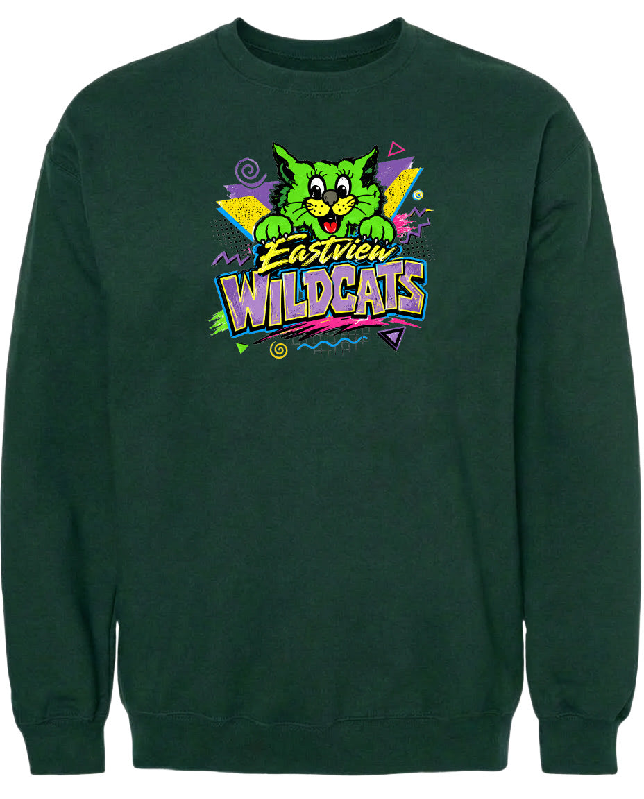 A dark green sweatshirt with a colorful graphic design featuring a cartoon cat and the text "Eastview Wildcats".
