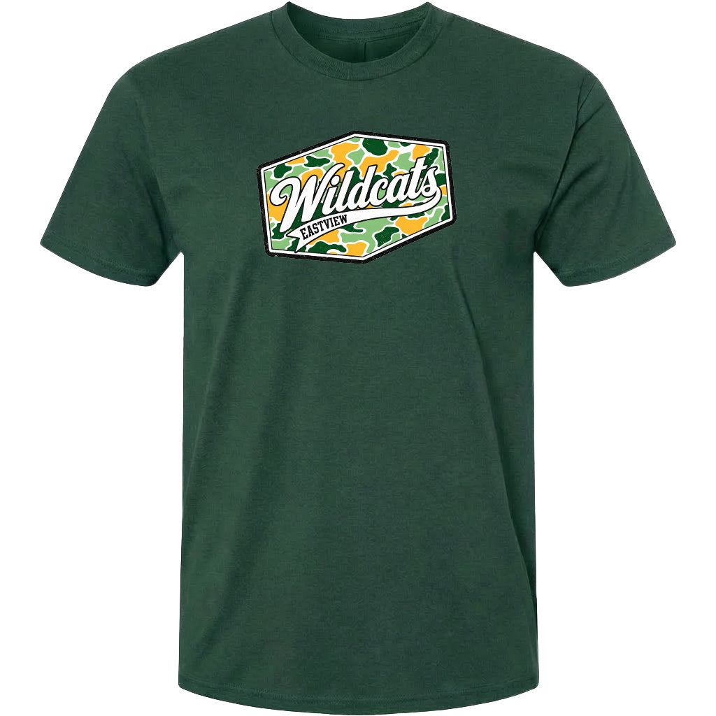 A green t-shirt with a graphic design featuring the word "Wildcats" in a stylized font.