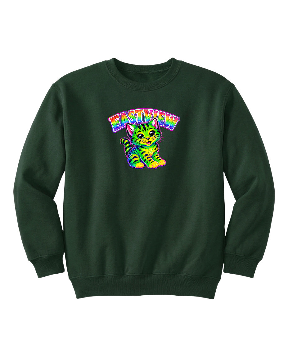 A green sweatshirt with a colorful graphic of a cat and the word "EASTVIEW" printed on it.