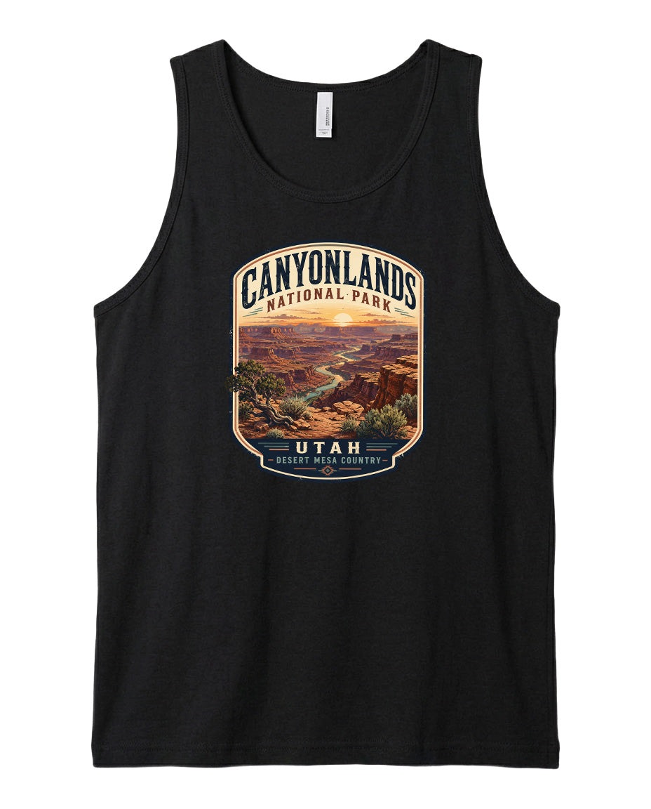 A black tank top with a graphic design depicting the Canyonlands National Park in Utah, USA.