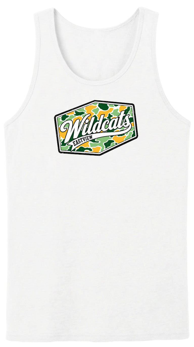 A white tank top with a graphic design featuring the text "Wildcats" and a camouflage pattern.