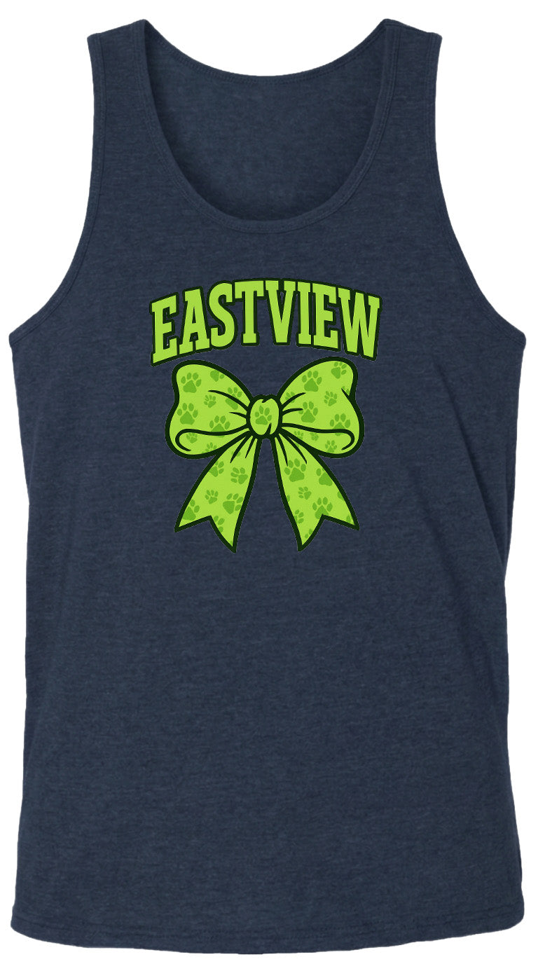 A navy blue tank top with a green bow and paw prints printed on it.