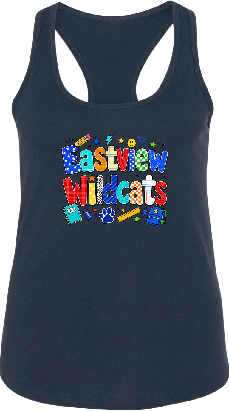 A black tank top with a colorful graphic design featuring the text "Eastview Wildcats" and various school-related icons such as a backpack, pencils, and a smiley face.