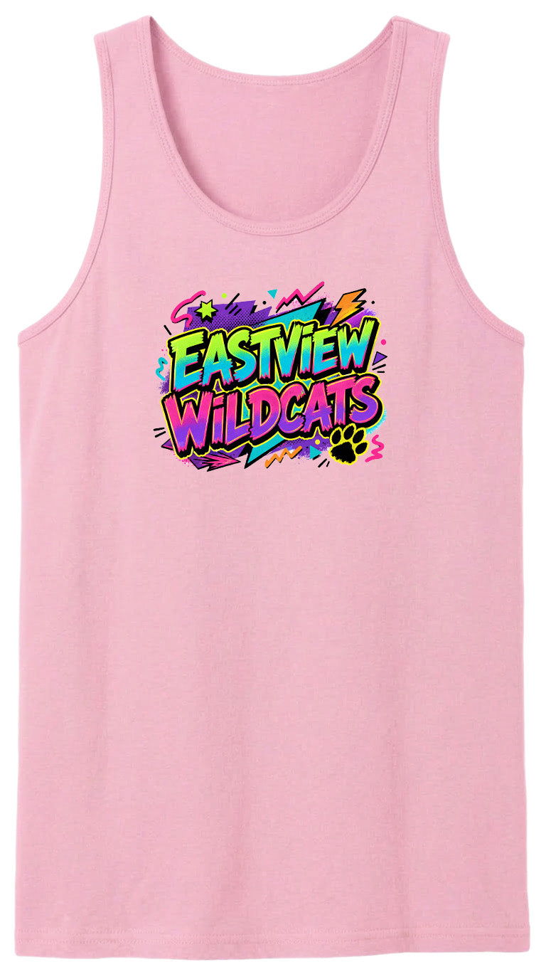 A pink tank top with a colorful graphic design featuring the text "EASTVIEW WILDCATS" in a vibrant, graffiti-style font.