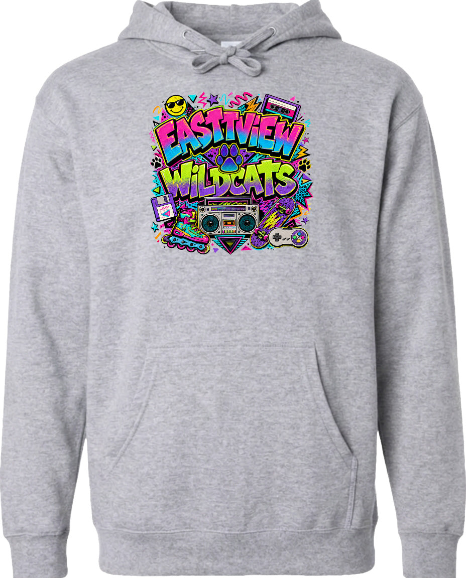 A gray hoodie with a colorful graphic design featuring a boombox, a skateboard, and various other elements, along with the text "EASTVIEW WILDCATS".