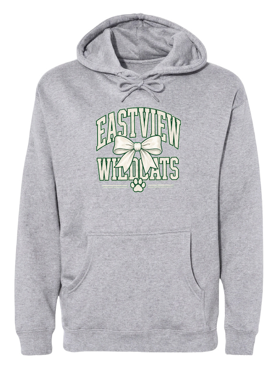 A gray hoodie with a graphic design featuring the text "EASTVIEW WILDCATS" and a bow.