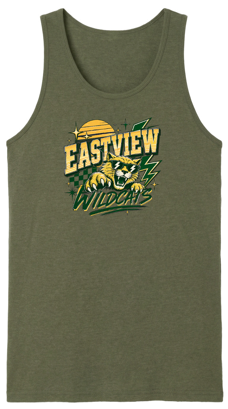 A green tank top with a graphic design featuring a yellow sun and a cat with a fierce expression.