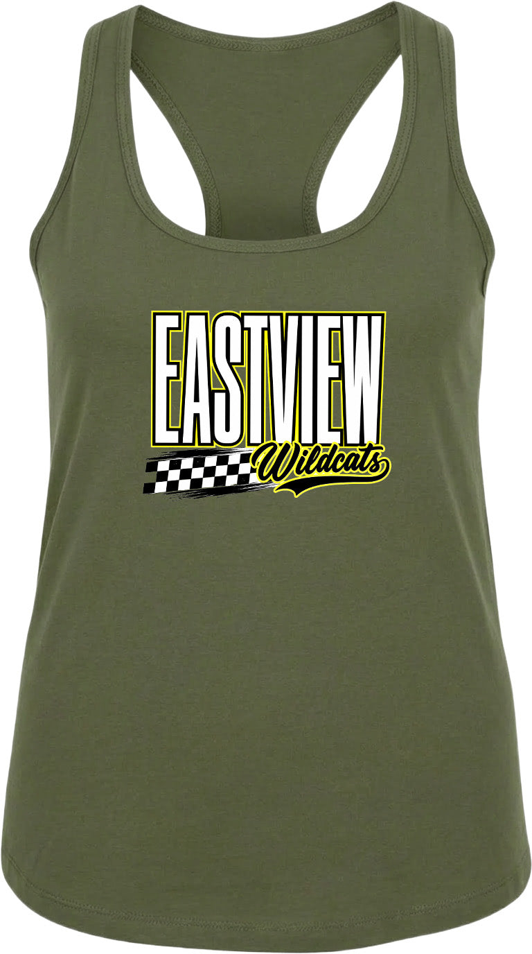 A green tank top with a graphic design featuring the text "EASTVIEW Wildcats" in yellow and black.
