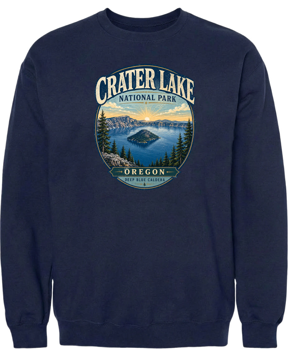 A navy blue sweatshirt with a graphic design depicting Crater Lake National Park in Oregon.