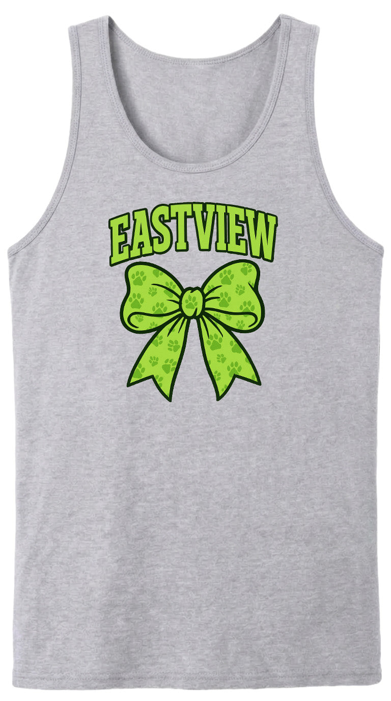 A gray tank top with a green bow and paw prints printed on it.