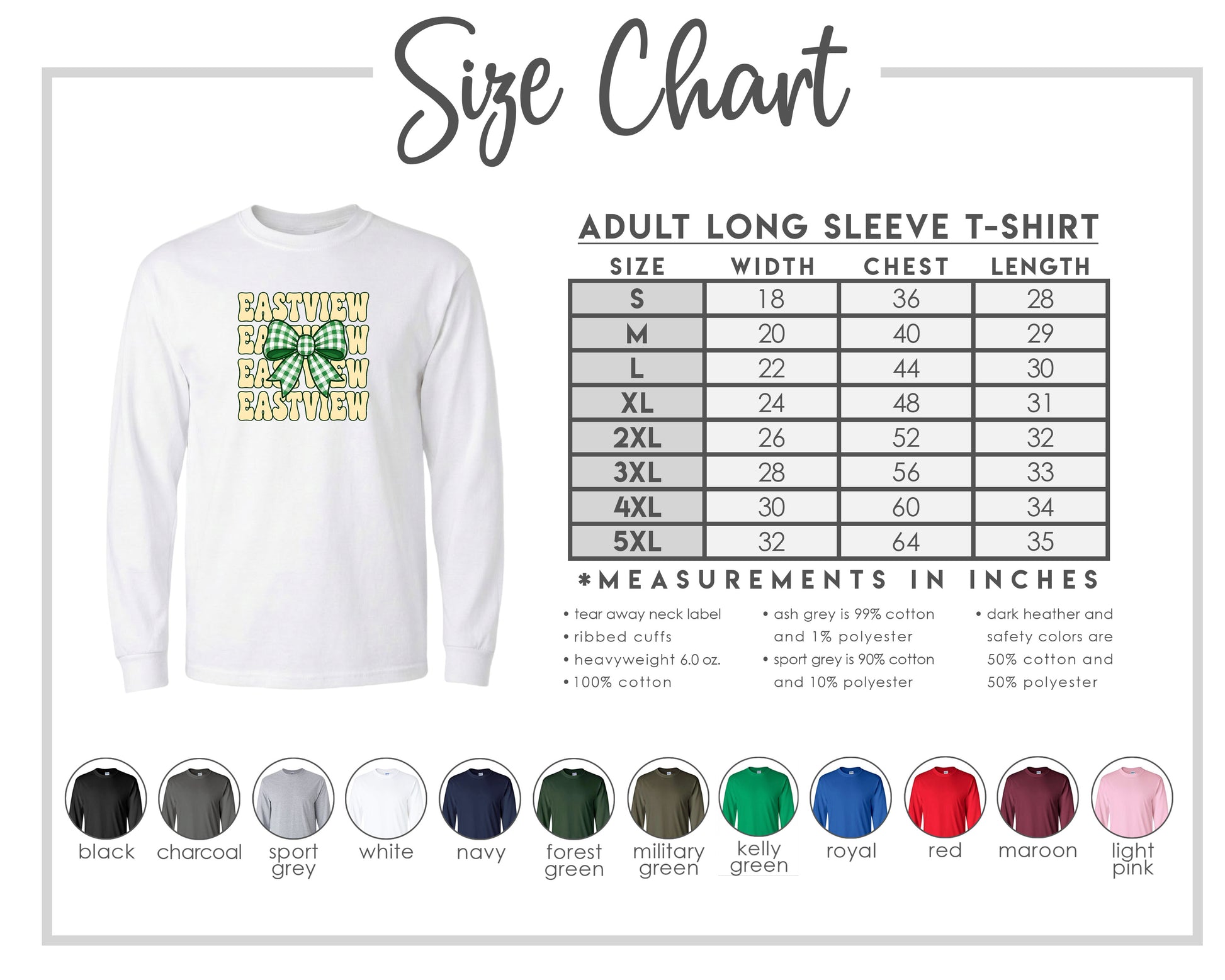 The image is a size chart for an adult long sleeve t-shirt, providing measurements and corresponding shirt sizes for different chest, waist, and shoulder measurements.