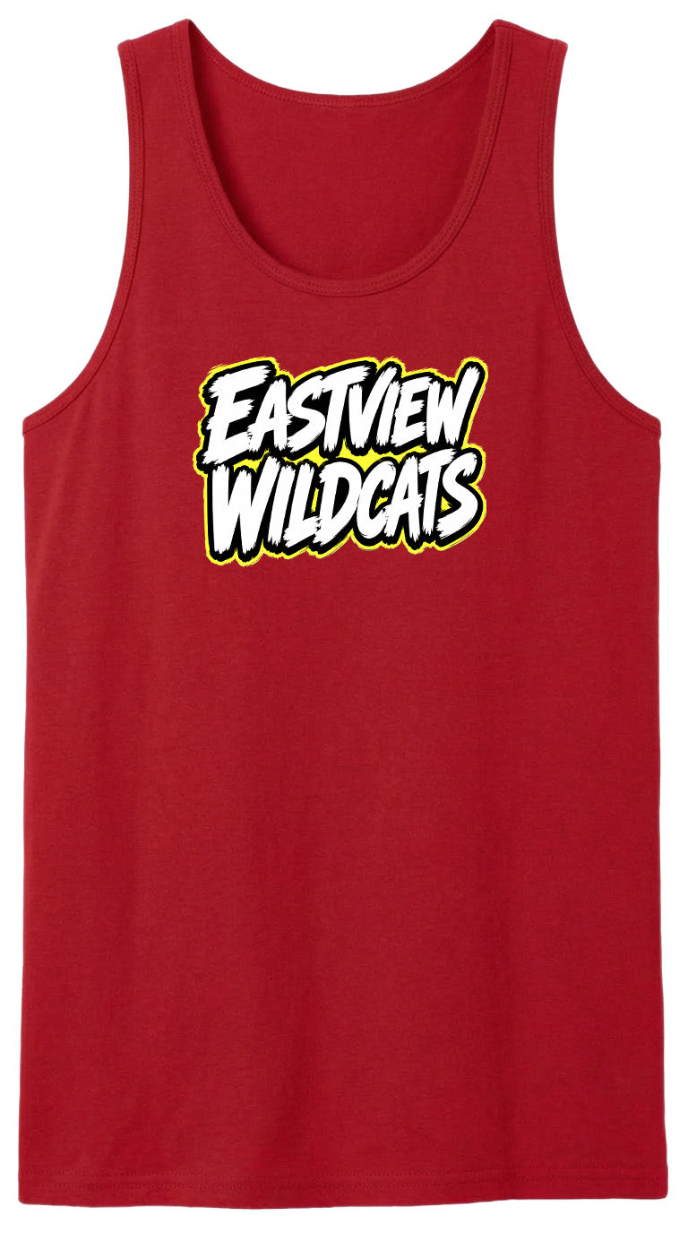 A red tank top with the text "EASTVIEW WILDCATS" printed on it.
