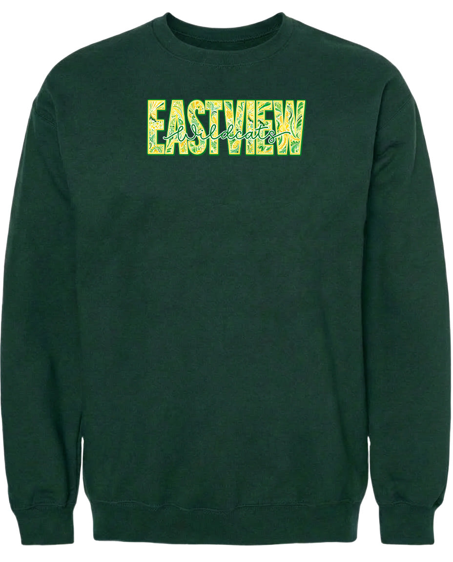 A dark green sweatshirt with the word "EASTVIEW" printed in yellow letters across the front.
