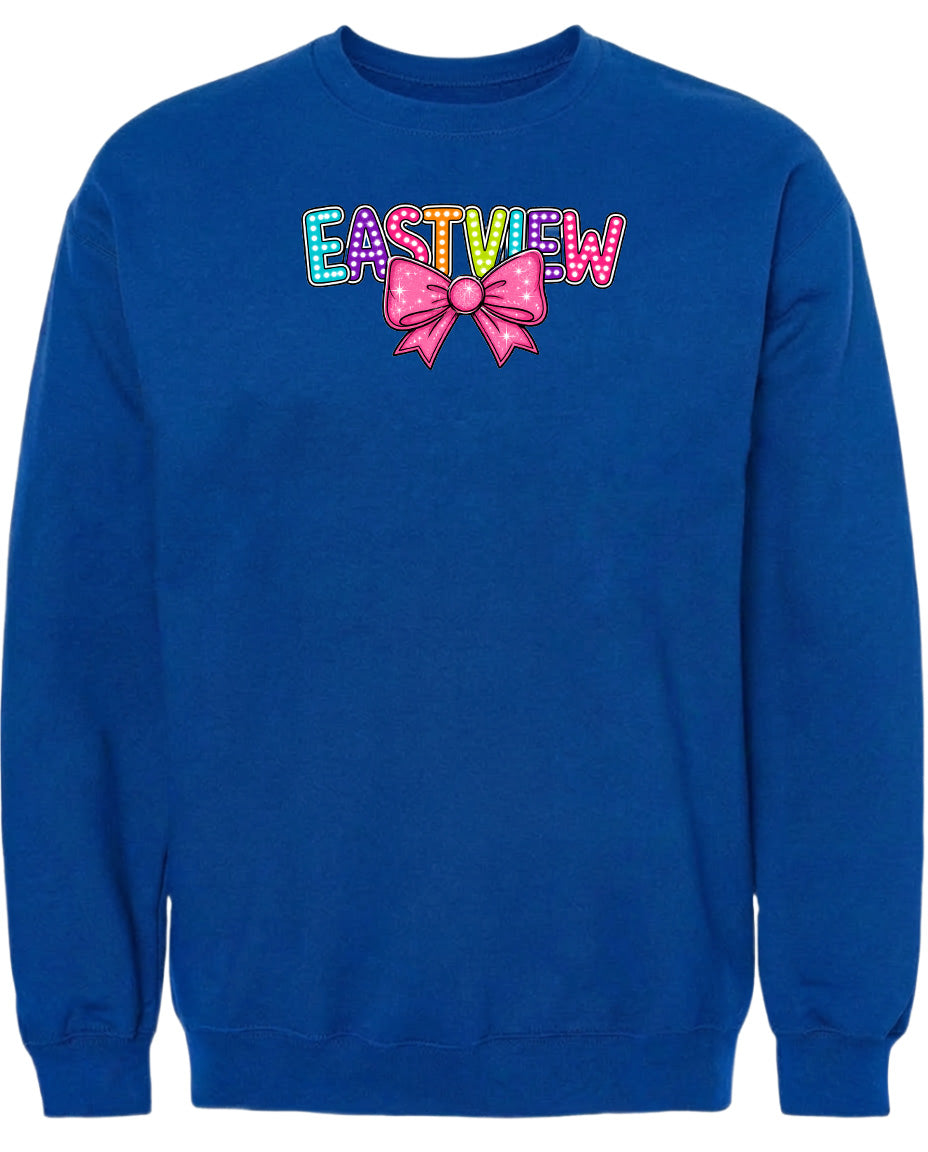 A blue sweatshirt with the word 'EASTVIEW' and a bow printed on it.