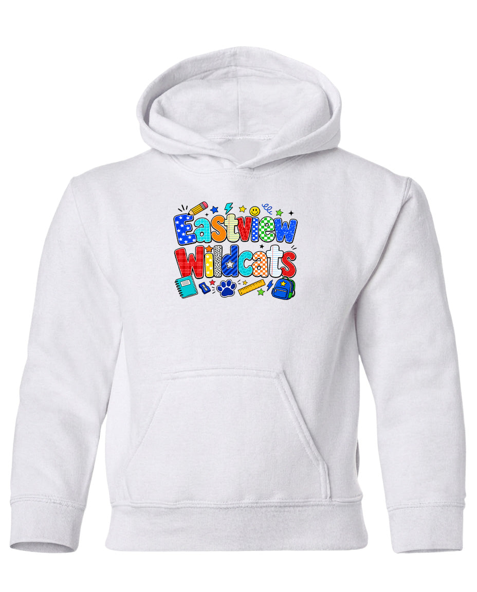 A white hoodie with a colorful graphic design on the front.