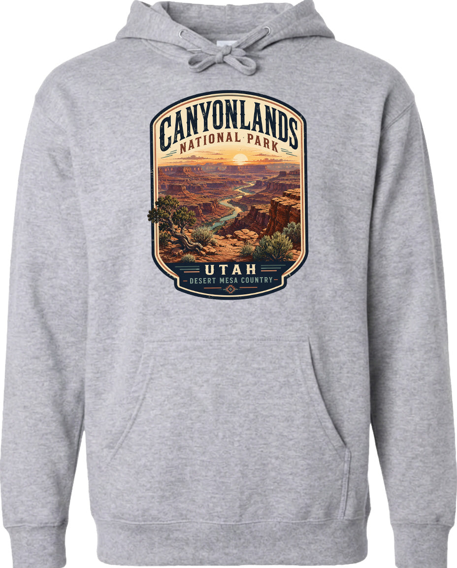 A gray hoodie with a graphic design depicting the scenic landscape of Canyonlands National Park in Utah.