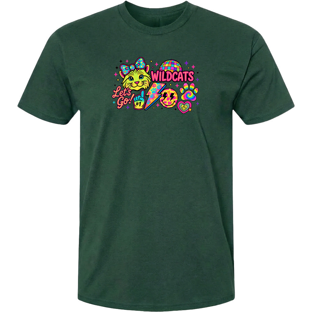 A green t-shirt with a colorful graphic design featuring a cat, a peace sign, and various other symbols.