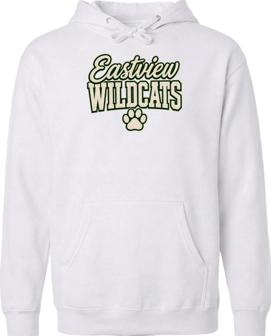 A white hoodie with the text "Eastview Wildcats" printed on it.