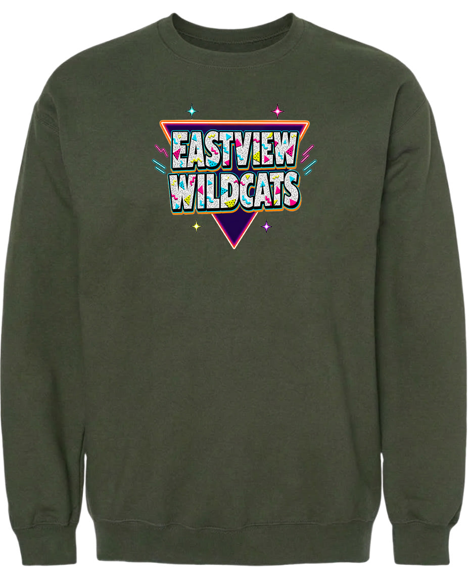A dark green sweatshirt with a colorful graphic design on the front.