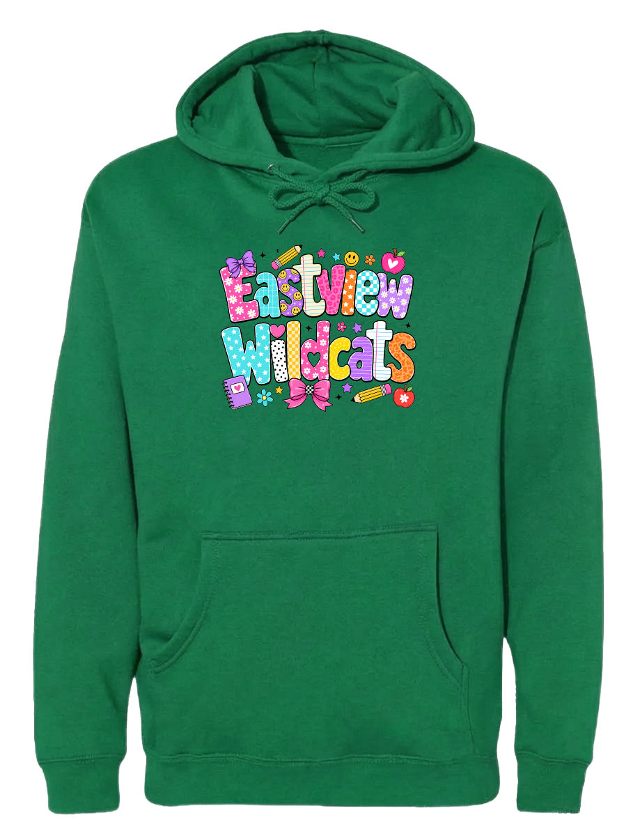 A green hoodie with a colorful graphic design on the front, featuring the text "Eastview Wildcats" in a playful, cartoon-like font.