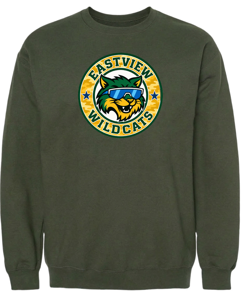A dark green sweatshirt with a circular logo featuring a cartoon-style cat wearing sunglasses.