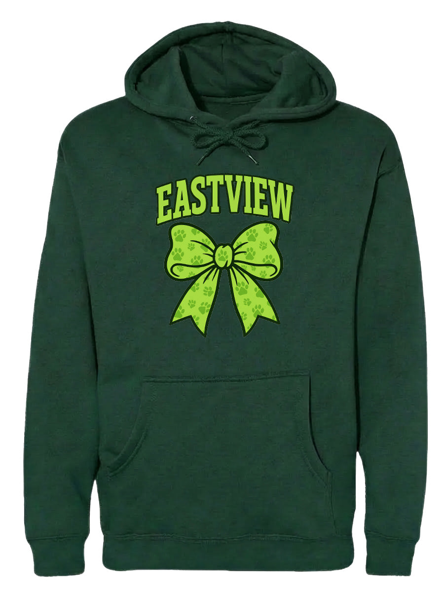 A dark green hoodie with a large green bow on the front and the word "EASTVIEW" printed on it.