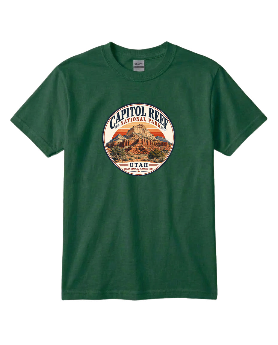 A green t-shirt with a circular graphic design featuring the Capitol Reef National Park in Utah.
