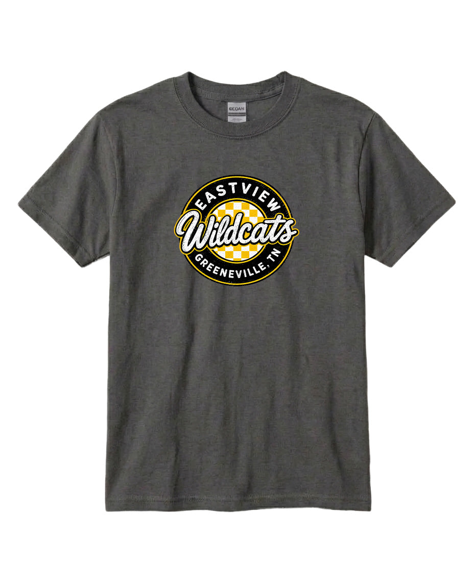 A gray t-shirt with a circular logo that says "Eastview Wildcats Greeneville, TN".