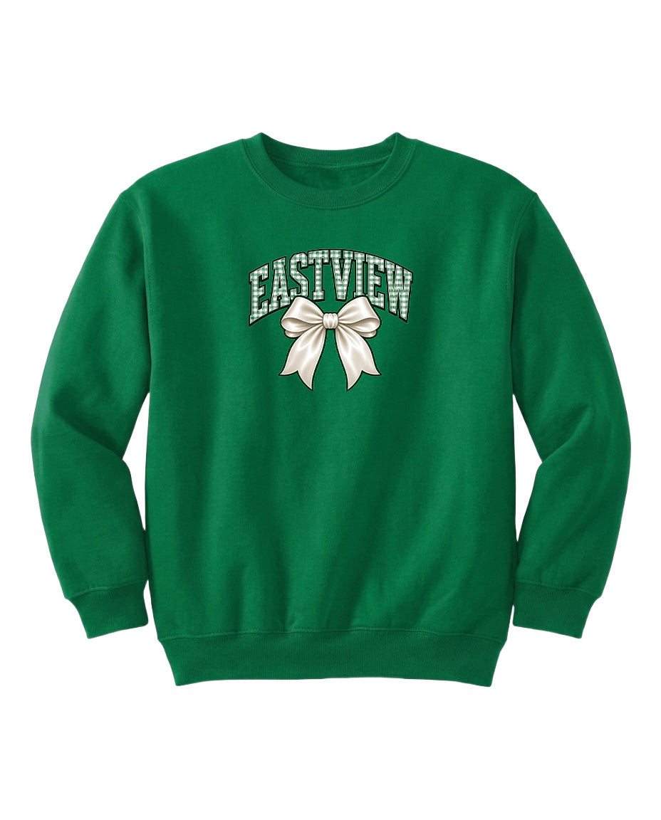 A bright green sweatshirt with the word "EASTVIEW" and a white bow printed on it.
