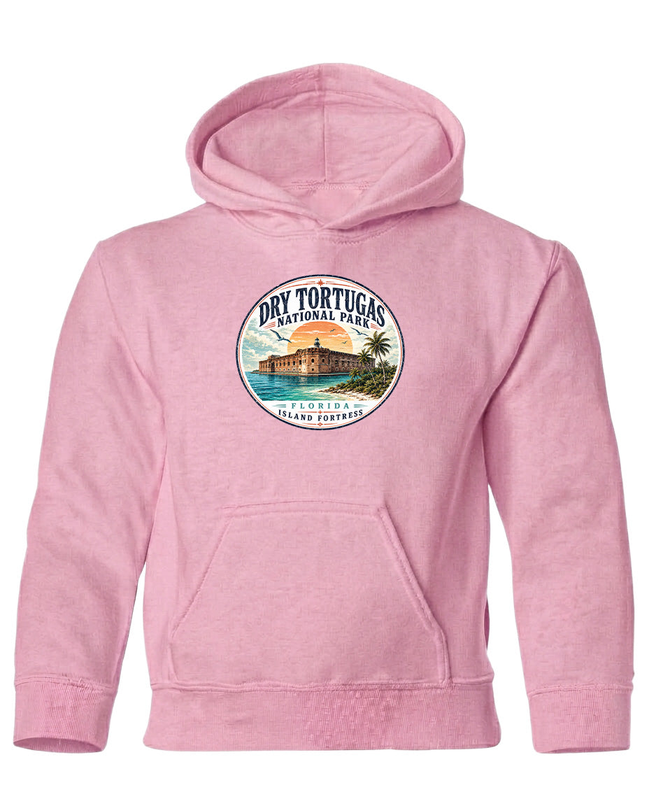 A pink hoodie with a circular logo featuring a tropical island and palm trees, along with the text "Dry Tortugas National Park, Florida Island, Florida".