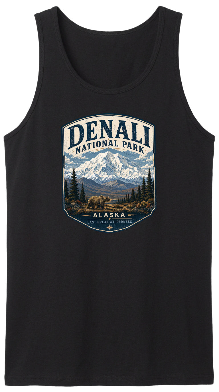 A black tank top with a graphic design depicting Denali National Park in Alaska, featuring a bear and a mountain landscape.